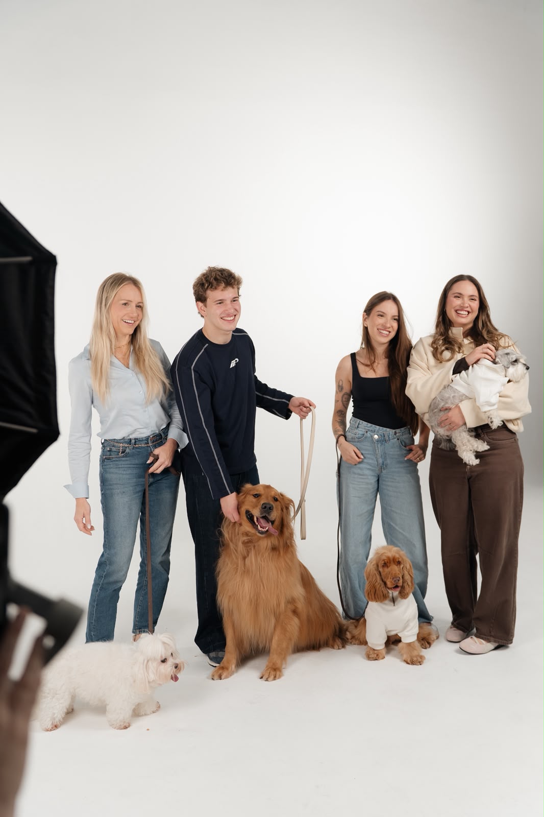 Grupo de tutores sorrindo com seus cães em estúdio