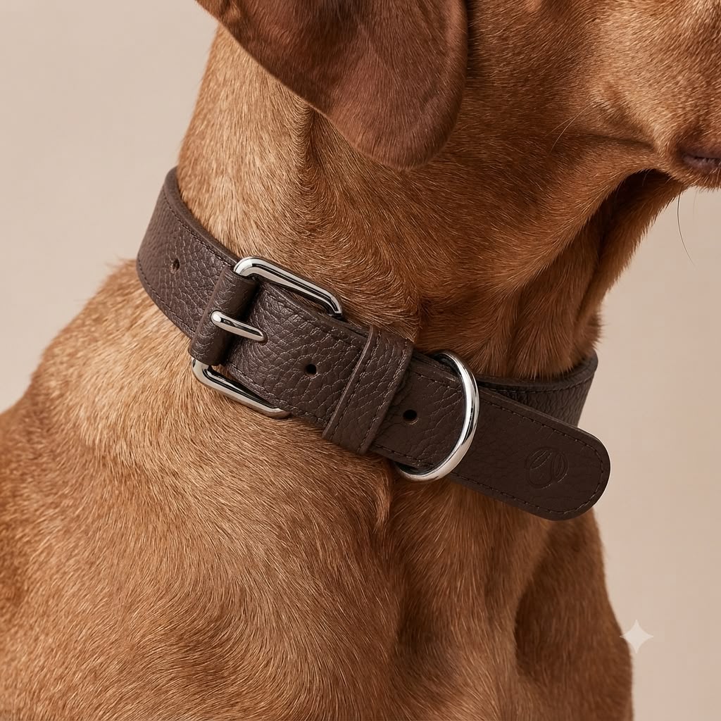 Detalhe da coleira Pure Essentials marrom no cão